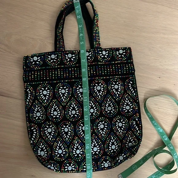 Vintage Beaded Tote Bag Purse Retro 60s 70s Rainbow Plastic Beads Black Funky - Picture 7 of 7